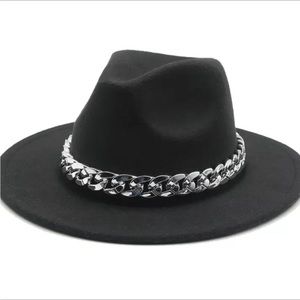 NEW Fedora Hat Black Tall Crown Stiff Brim Silver Chain Felt Panama Hat